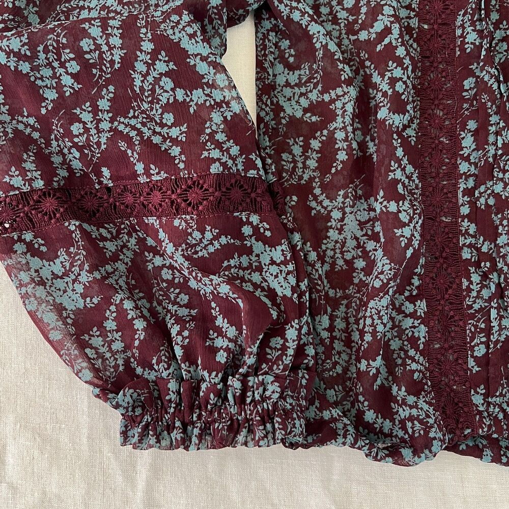 Olivaceous Burgundy Blue Floral Y2K Boho Hippie Semi-Sheer Chiffon Blouse Sz S - Picture 5 of 12